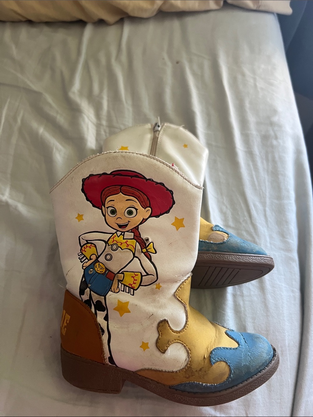 Kids White, Yellow & Blue Cowboy Boots with Jessie Graphic